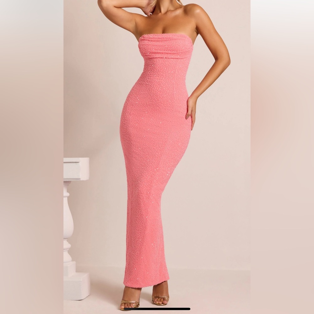 Embellished Bandeau Cowl Neck Maxi Dress in Coral